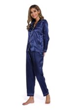 Blue-Spring Autumn Long Sleeve Women Pure Color Like Silk Sleepsuit - Image 4