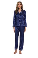 Blue-Spring Autumn Long Sleeve Women Pure Color Like Silk Sleepsuit - Image 2