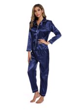 Blue-Spring Autumn Long Sleeve Women Pure Color Like Silk Sleepsuit - Image 6