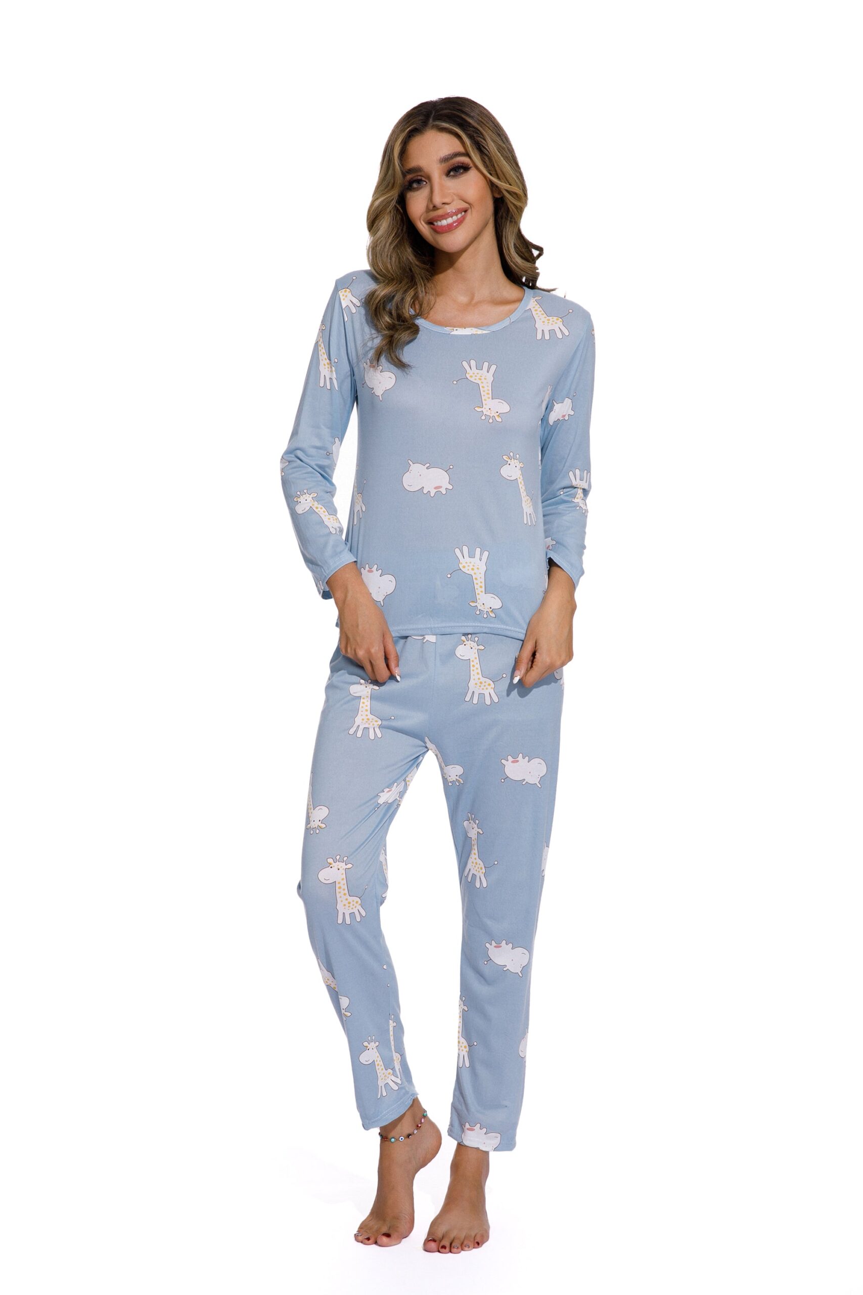 Blue-Long sleeve Giraffe Print Sleepsuit