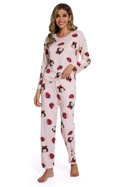 Spring Autumn Strawberry Print Sleepwear set
