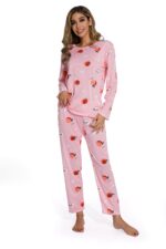 Long Sleeve Round Neck Peach Print Pajama Set