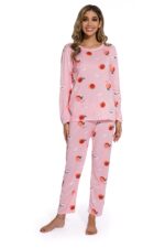 Long Sleeve Round Neck Peach Print Pajama Set - Image 6
