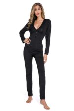 Black-Plus Size Women Pure Color Pajamas Jumpsuit