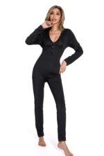 Black-Plus Size Women Pure Color Pajamas Jumpsuit - Image 2