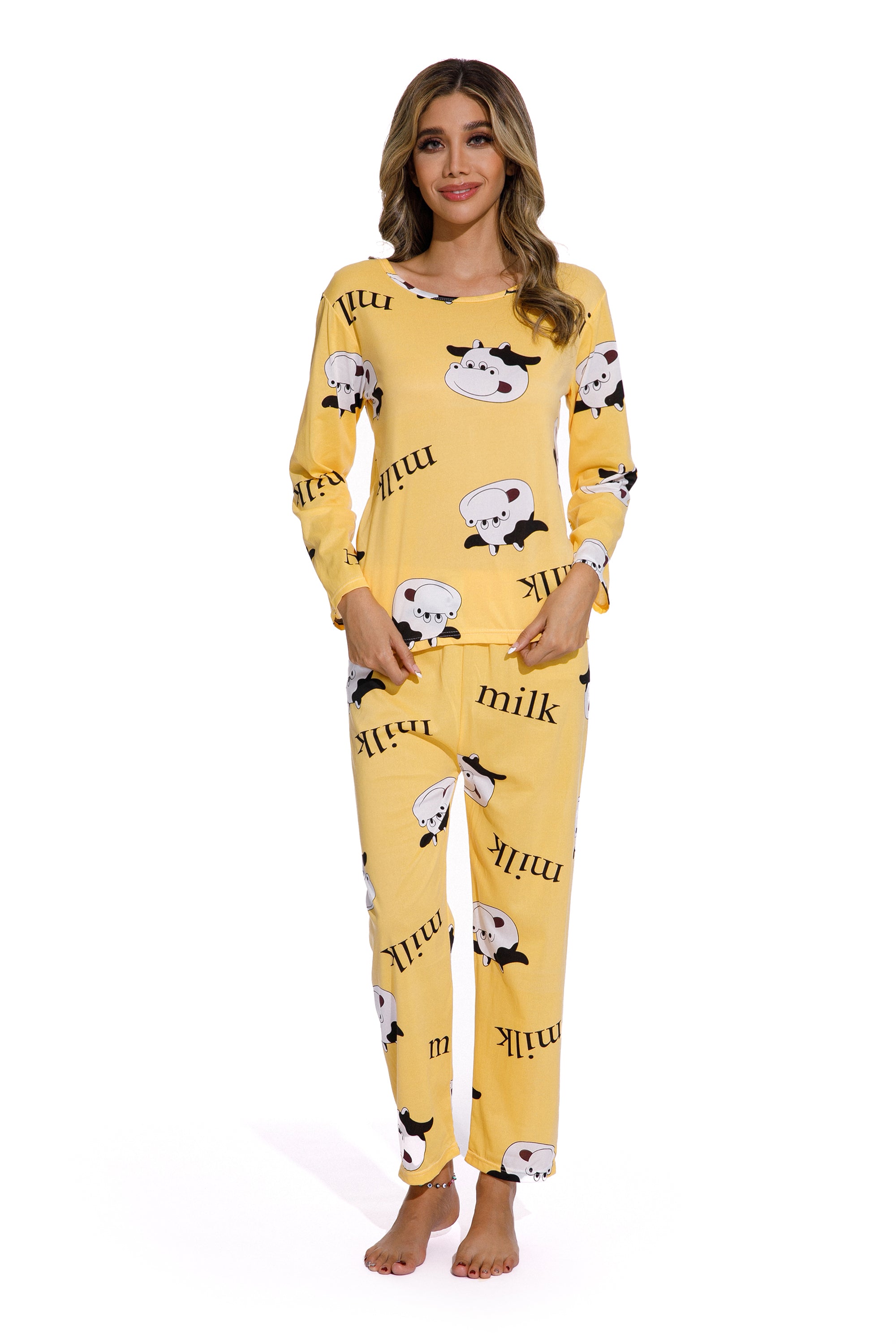 CELSLW018_3 Yellow -Long Sleeve women Cartoon Sleepwear Set - Image 1