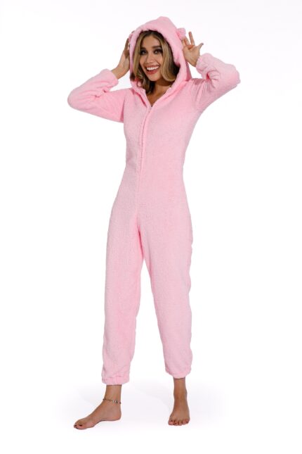 Pink-Women Solid Color hooded one-piece pajamas