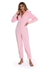 Pink-Women Solid Color hooded one-piece pajamas - Image 6