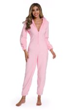 Pink-Women Solid Color hooded one-piece pajamas - Image 7
