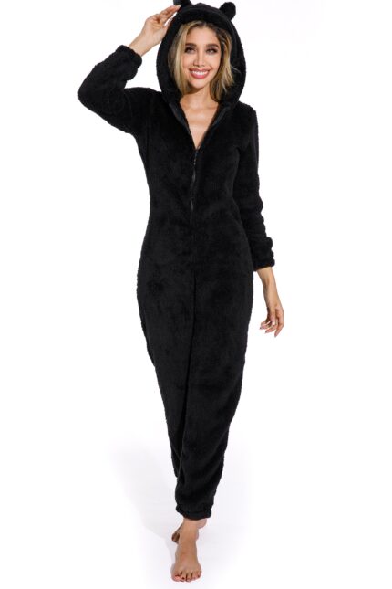 Black-Plus Size Winter Hooded Sleepwear for women