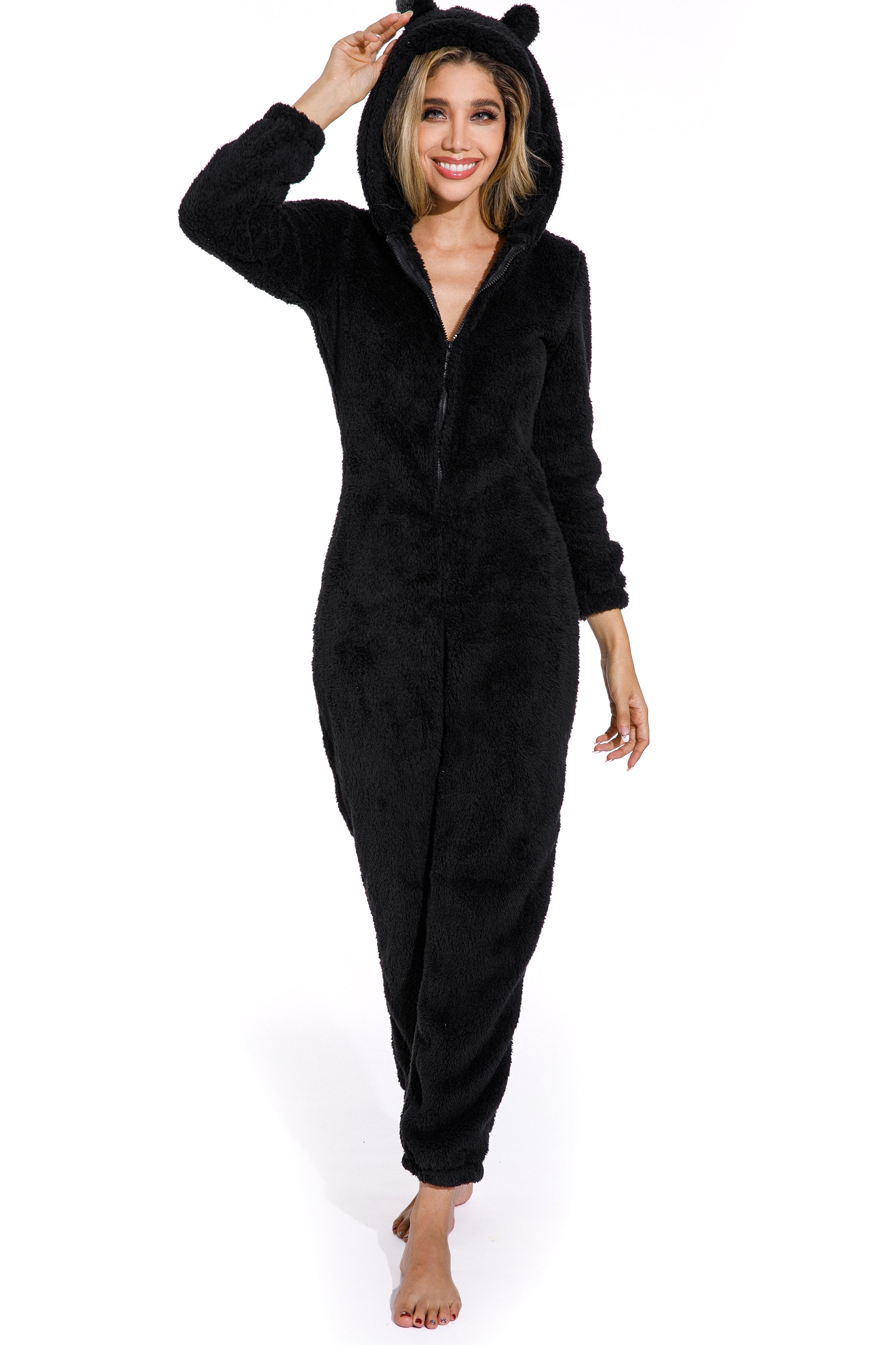 CELSLW021_2 Black-Plus Size Winter Hooded Sleepwear for women - Image 1