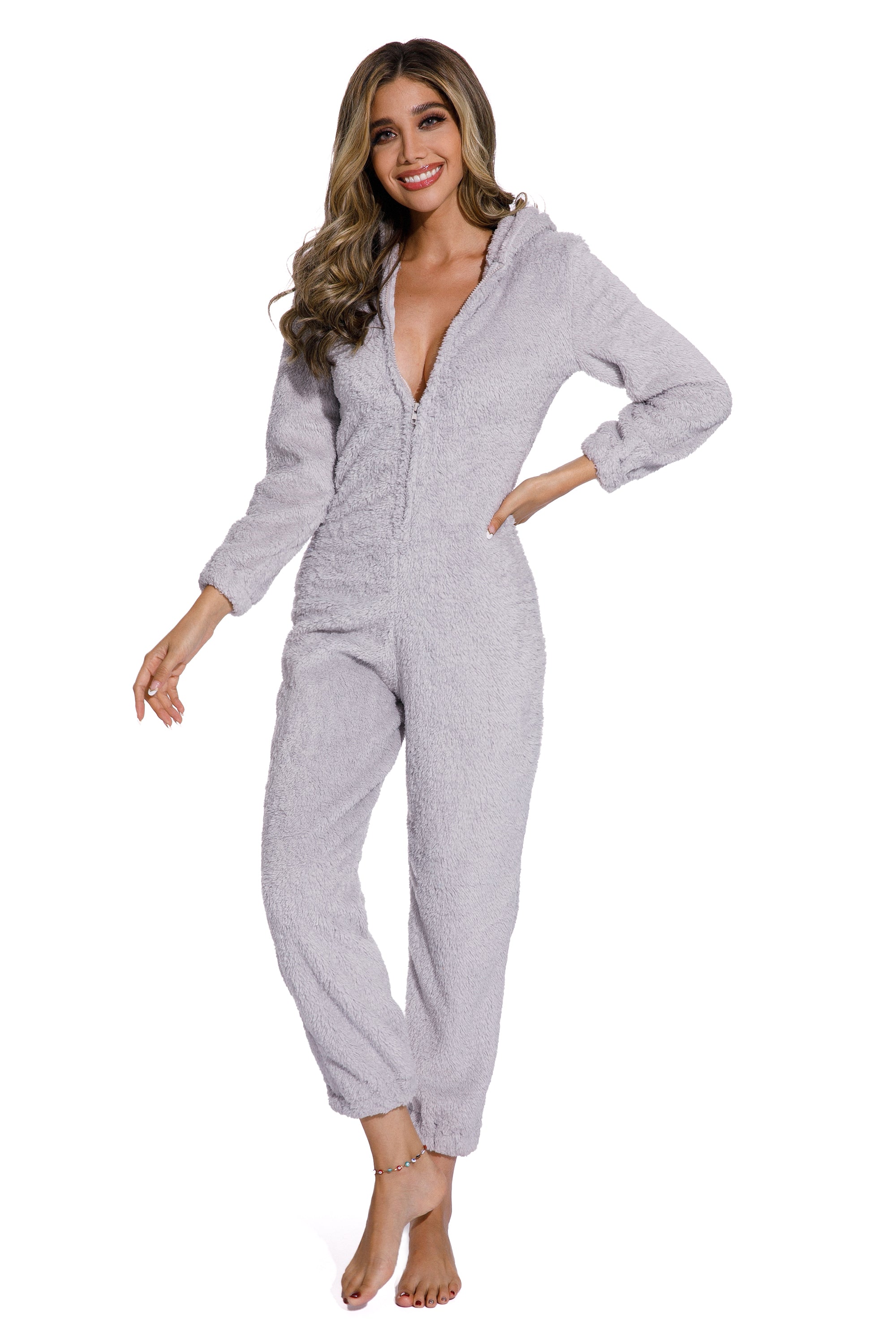 CELSLW022_1 Grey-Women Long Sleeve Zipper pajamass Jumpsuit - Celino Corp.