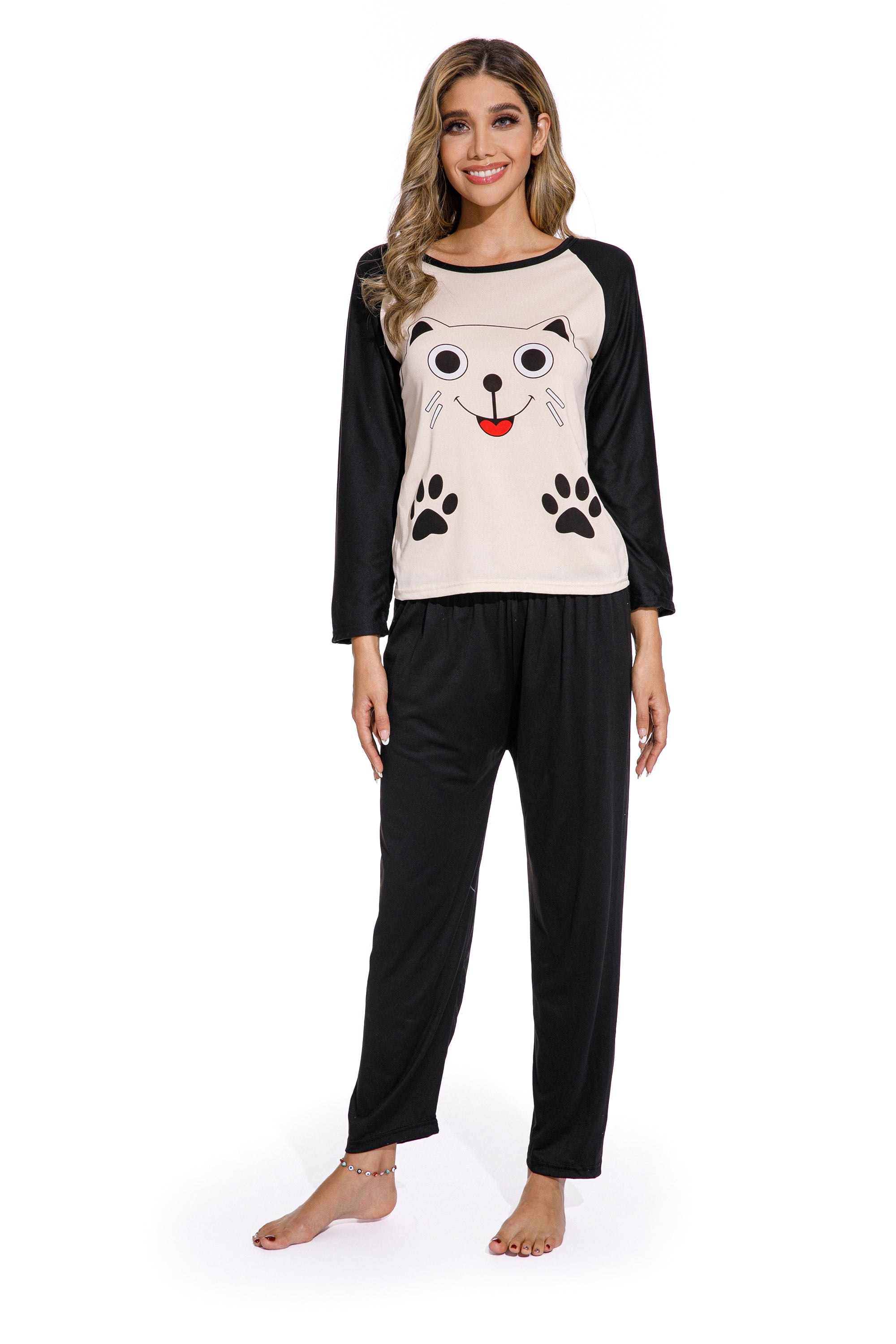 CELSLW024_1 Long Sleeve Smiley Cat Print Sleepwear Set - Image 1