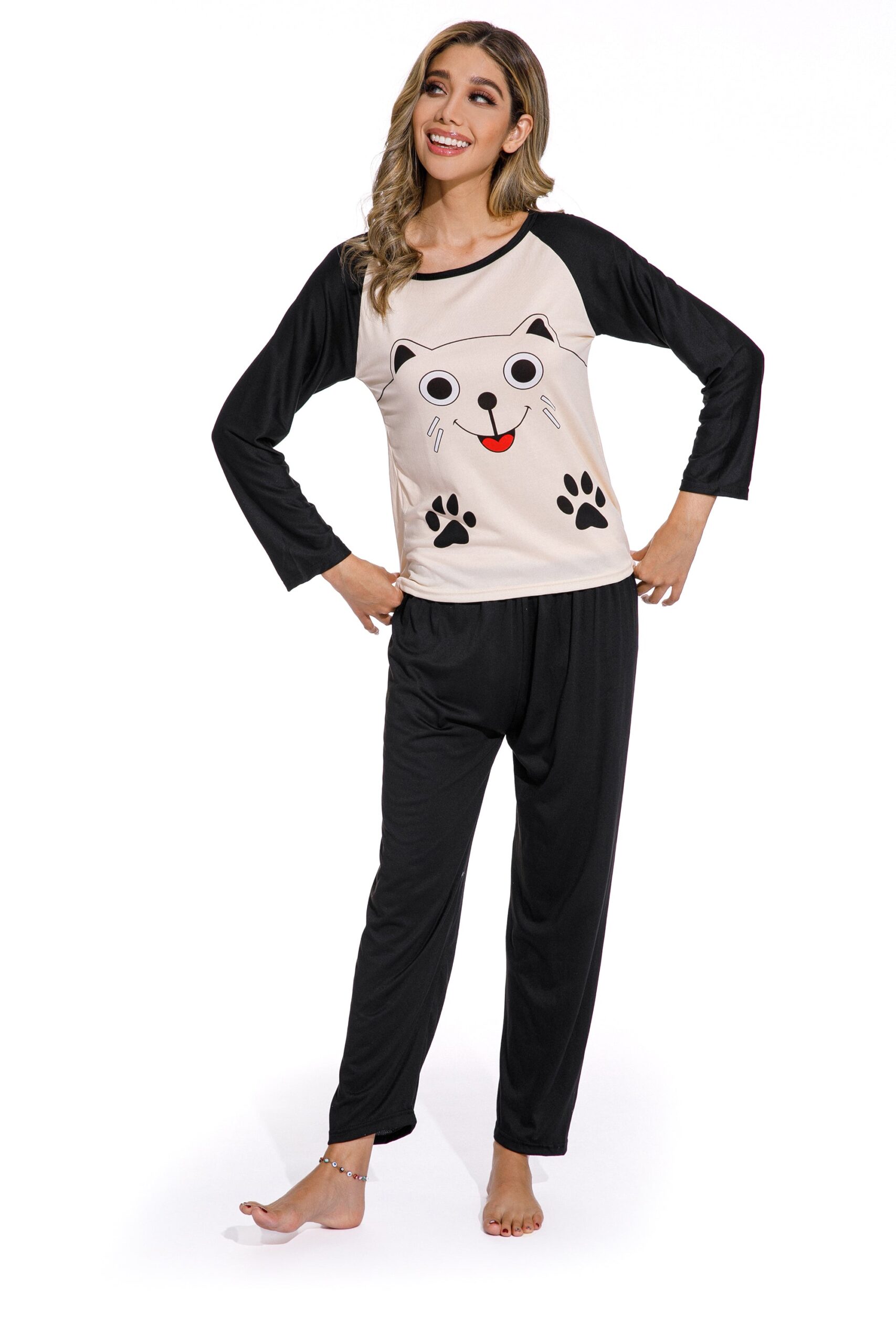 Long Sleeve Smiley Cat Print Sleepwear Set - Image 5