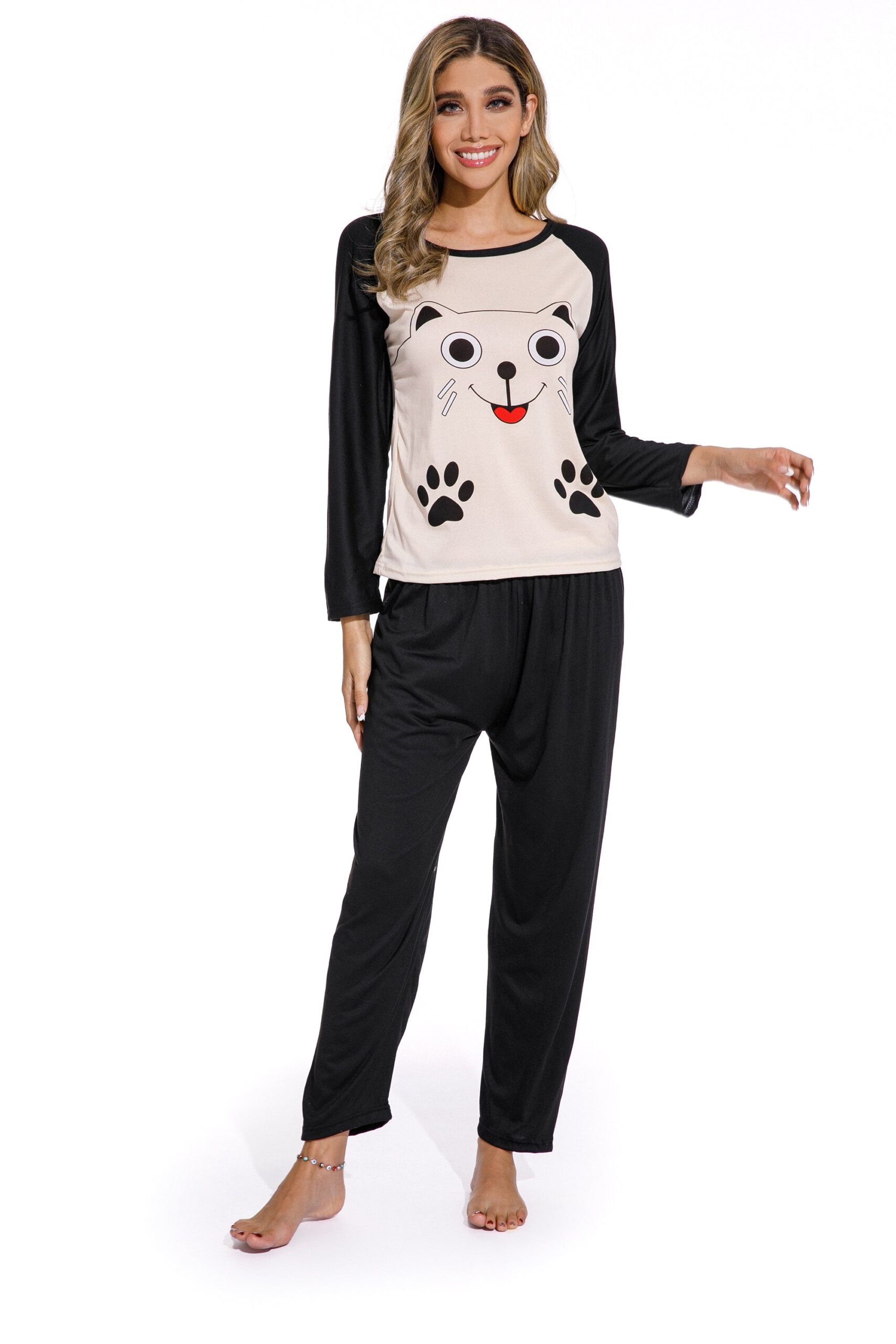 Long Sleeve Smiley Cat Print Sleepwear Set - Image 6