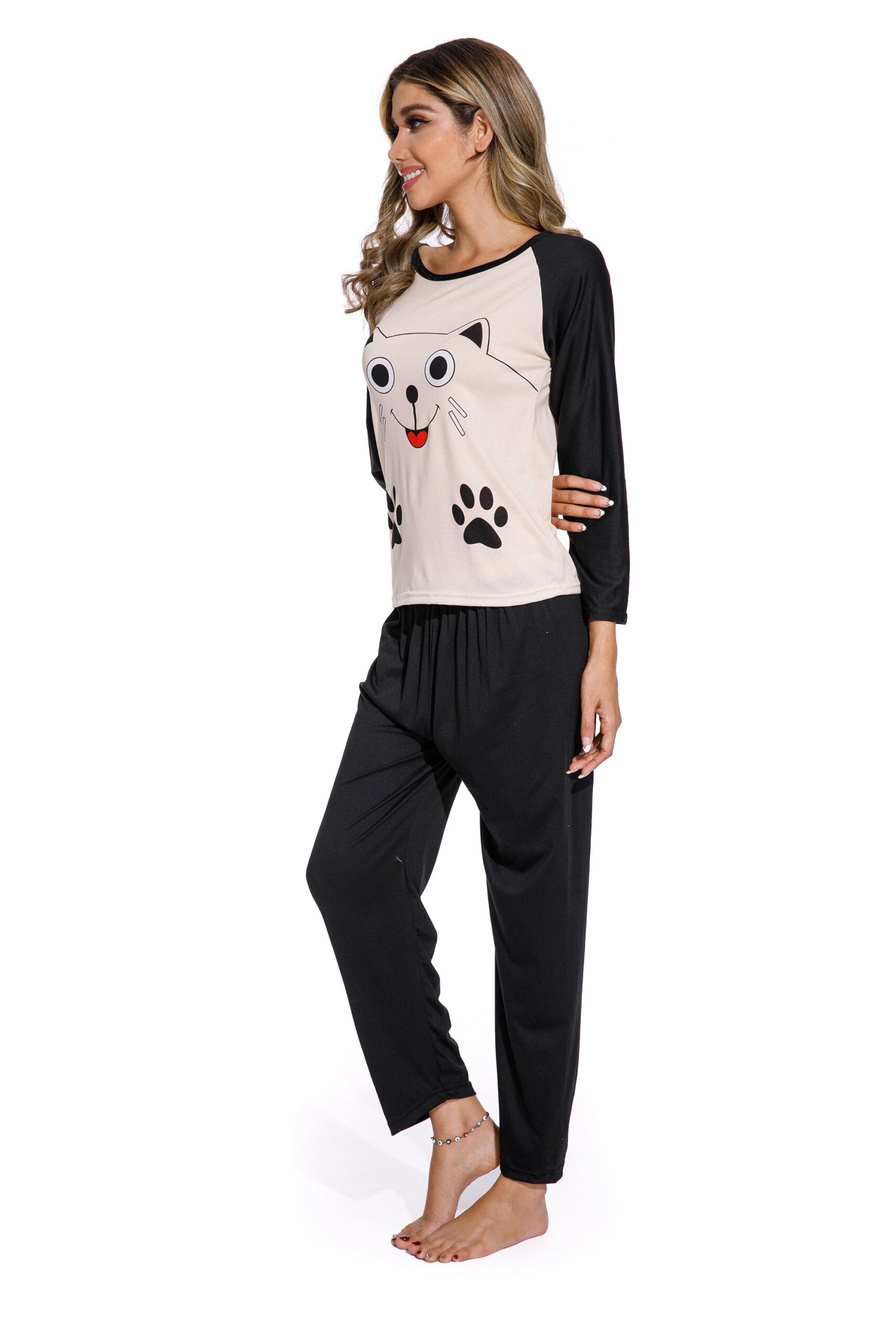 Long Sleeve Smiley Cat Print Sleepwear Set - Image 7