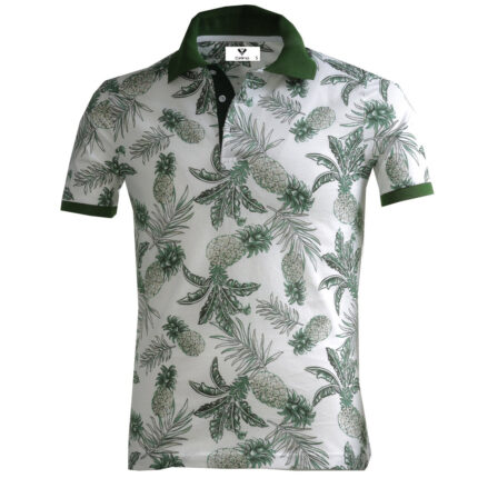 White with Green Floral Mens Slim Fit Polo Shirts - 100% Soft Cotton - Tailored Comfortable Fit - Celino Corp.