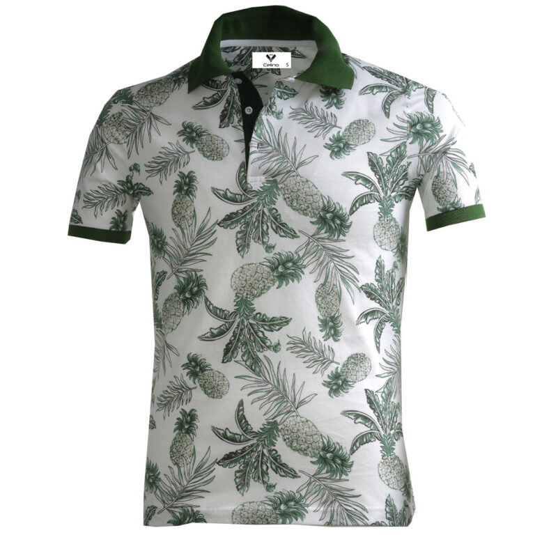White with Green Floral Mens Slim Fit Polo Shirts - 100% Soft Cotton - Tailored Comfortable Fit - Celino Corp.