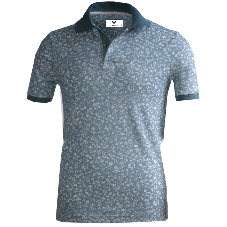 Blue with White Floral Mens Slim Fit Polo Shirts - 100% Soft Cotton - Tailored Comfortable Fit - Celino Corp.