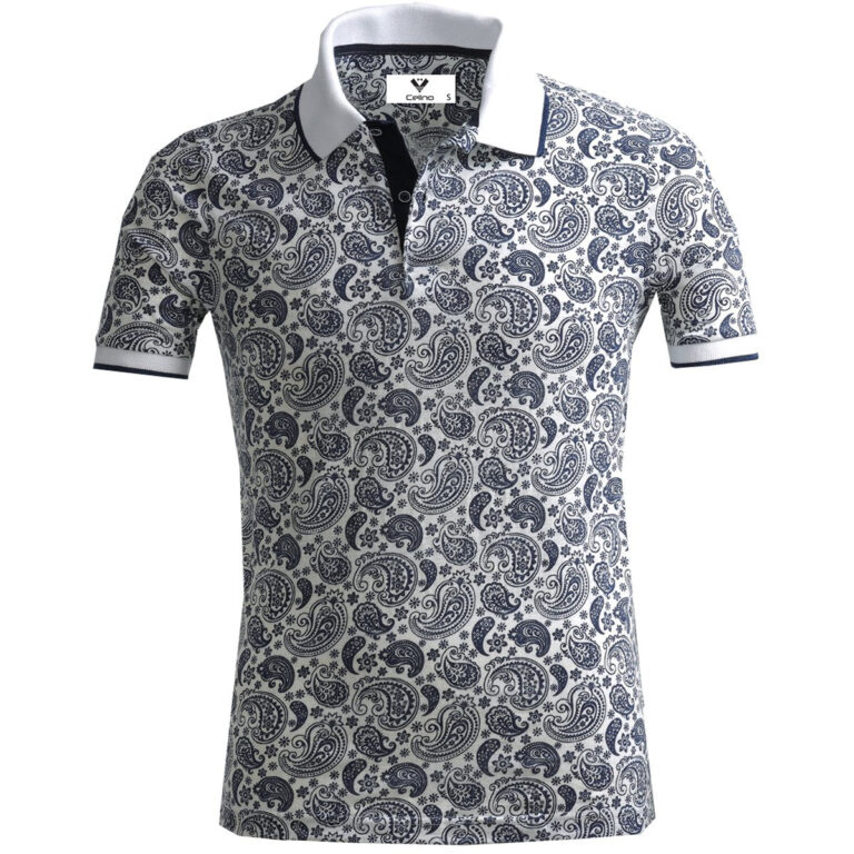 White with Black Paisley Mens Slim Fit Polo Shirts - 100% Soft Cotton - Tailored Comfortable Fit - Celino Corp.