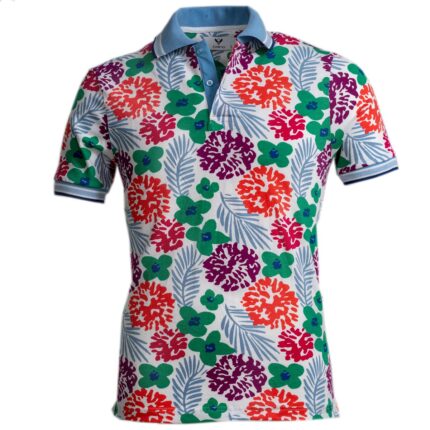 White Colorful Floral Mens Slim Fit Polo Shirts - 100% Soft Cotton - Tailored Comfortable Fit