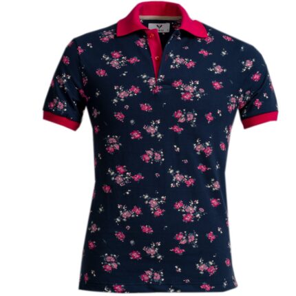Navy Blue Colorful Floral Mens Slim Fit Polo Shirts - 100% Soft Cotton - Tailored Comfortable Fit - Celino Corp.