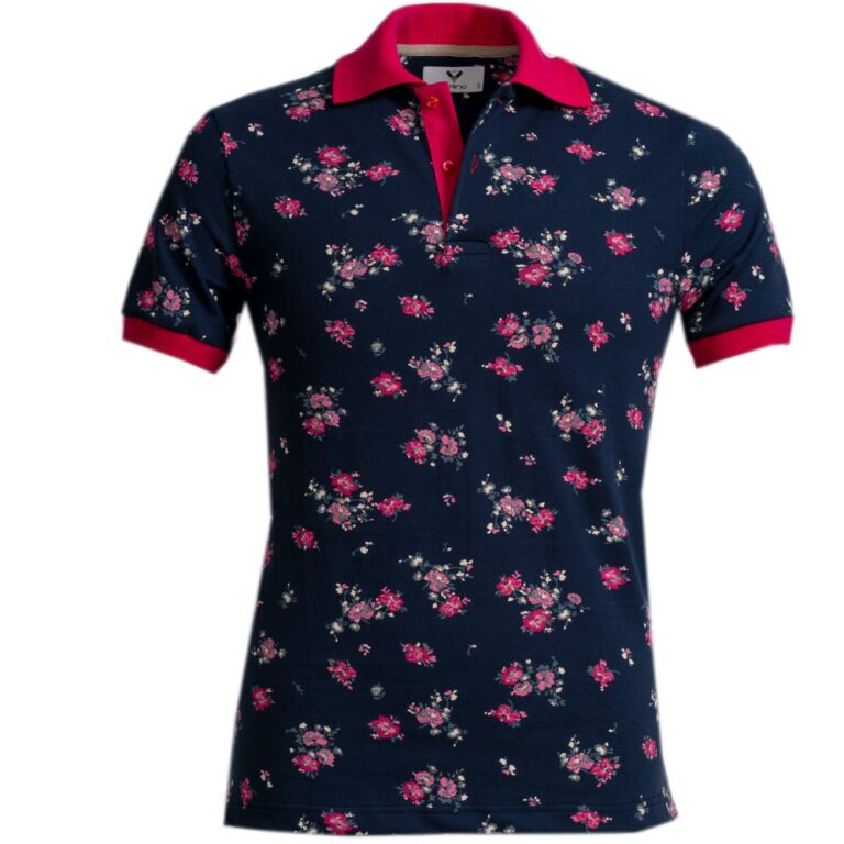 Navy Blue Colorful Floral Mens Slim Fit Polo Shirts - 100% Soft Cotton - Tailored Comfortable Fit - Celino Corp.