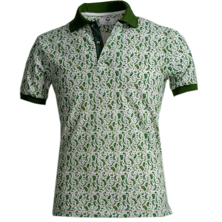 White and Green Floral Mens Slim Fit Polo Shirts - 100% Soft Cotton - Tailored Comfortable Fit - Celino Corp.