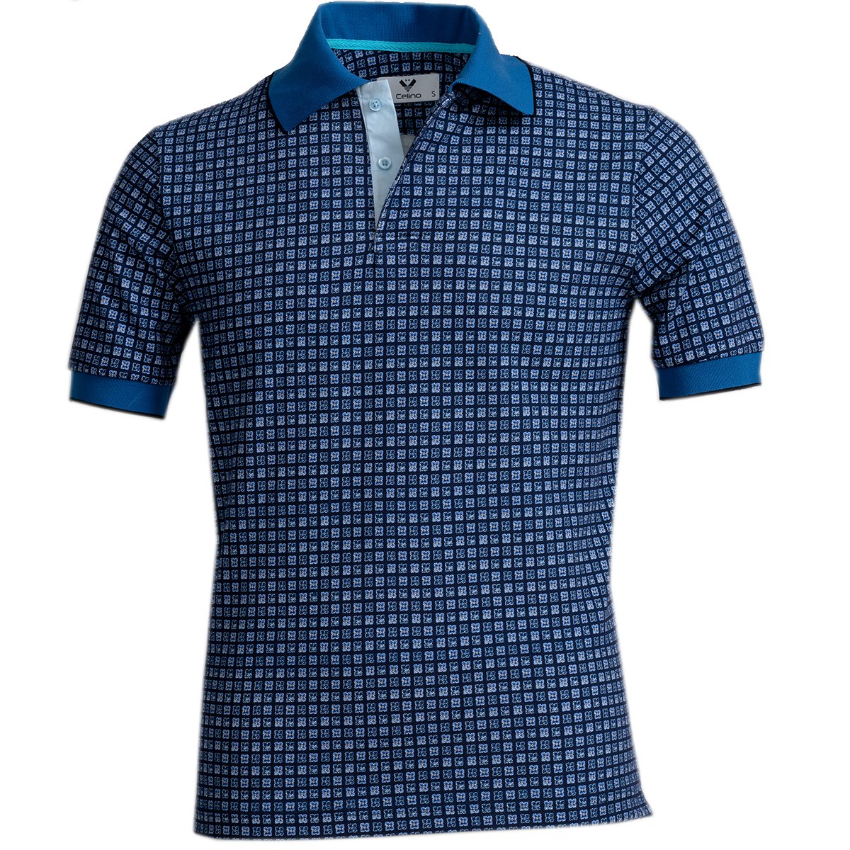 CEMP0165 Blue Squares Mens Slim Fit Polo Shirts - 100% Soft Cotton - Tailored Comfortable Fit - Celino Corp.