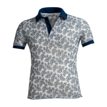 White and Blue Paisley Mens Slim Fit Polo Shirts - 100% Soft Cotton - Tailored Comfortable Fit - Celino Corp.