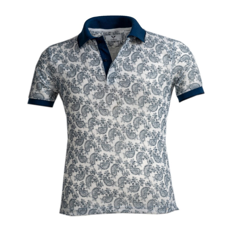 White and Blue Paisley Mens Slim Fit Polo Shirts - 100% Soft Cotton - Tailored Comfortable Fit - Celino Corp.