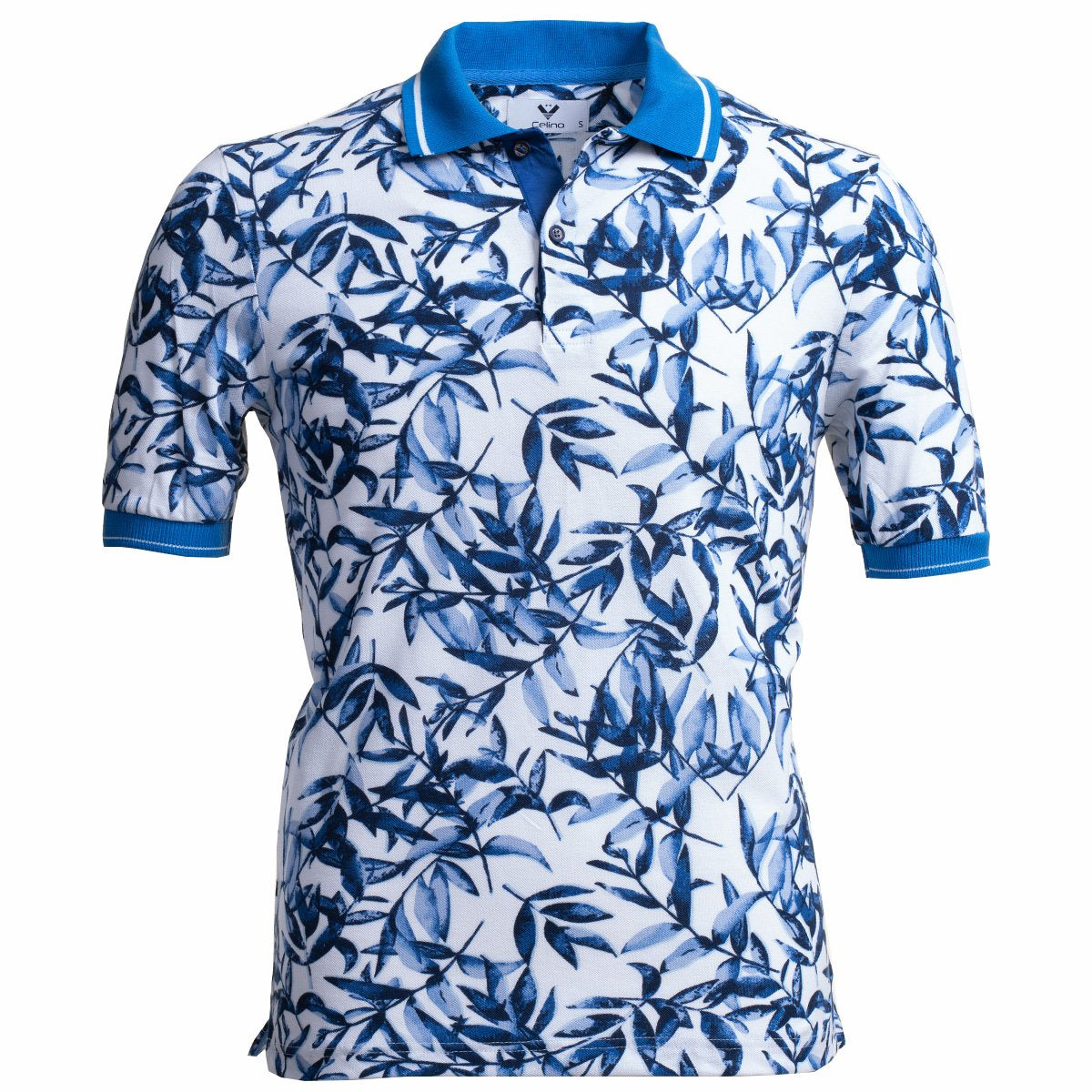 CEMP0172 White With Blue Palm Leaves Mens Slim Fit Polo Shirts - 100% Soft Cotton - Tailored Comfortable Fit - Image 1
