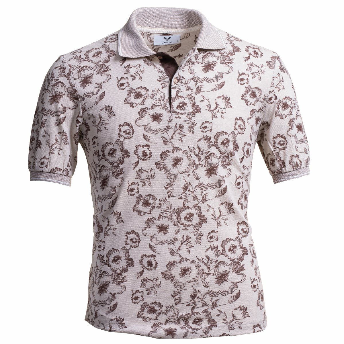 CEMP0173 Light Brown Floral Pattern Mens Slim Fit Polo Shirts - 100% Soft Cotton - Tailored Comfortable Fit - Image 1