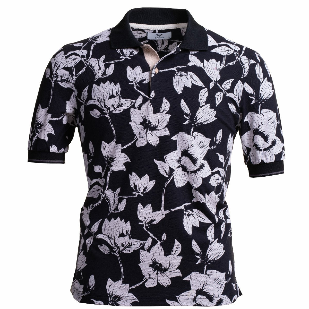CEMP0174 Black White Floral Pattern Mens Slim Fit Polo Shirts - 100% Soft Cotton - Tailored Comfortable Fit - Image 1