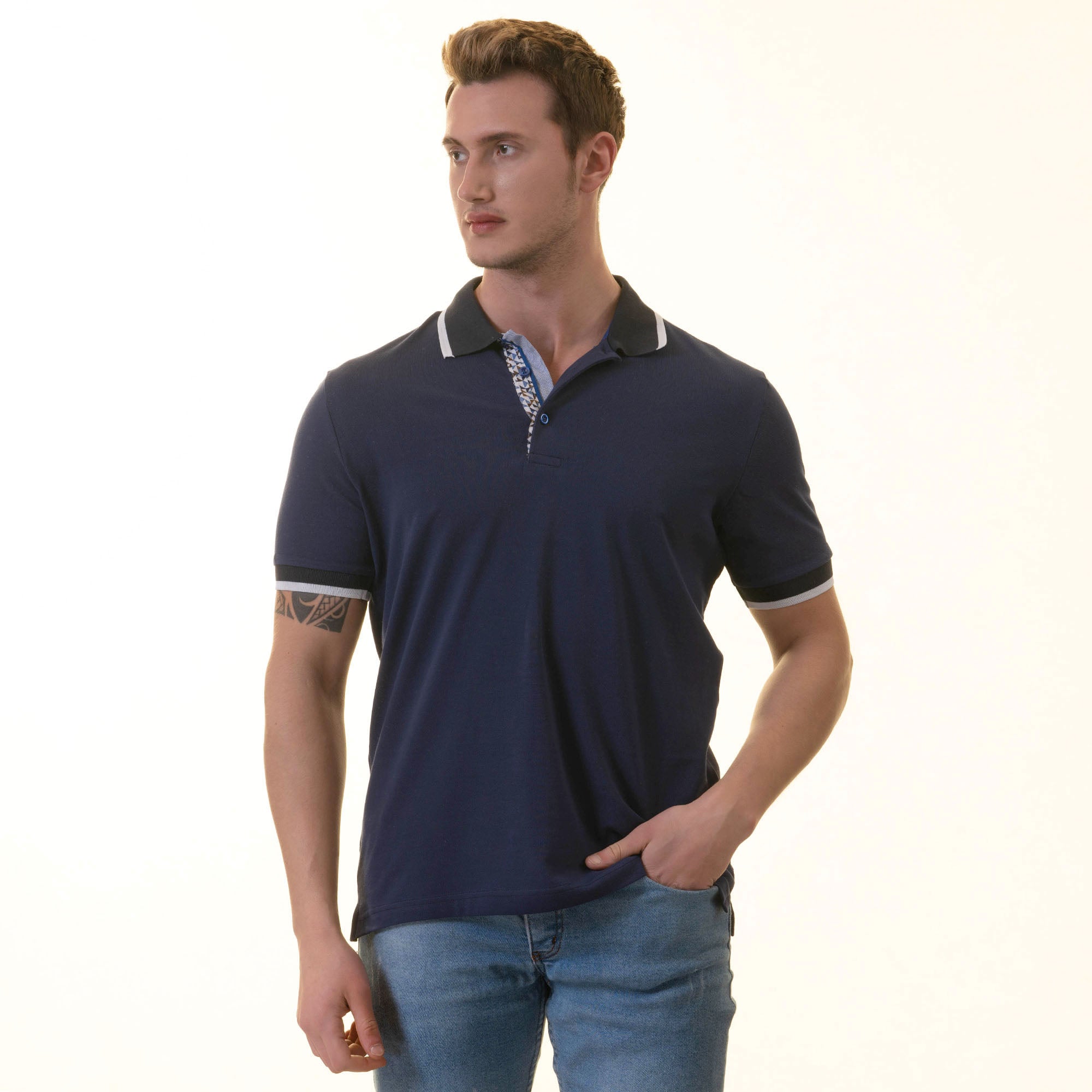 CEMP0359 Navy with inside Printed Mens Slim Fit Polo Shirts - 100% Soft Cotton - Tailored Comfortable Fit - Image 1