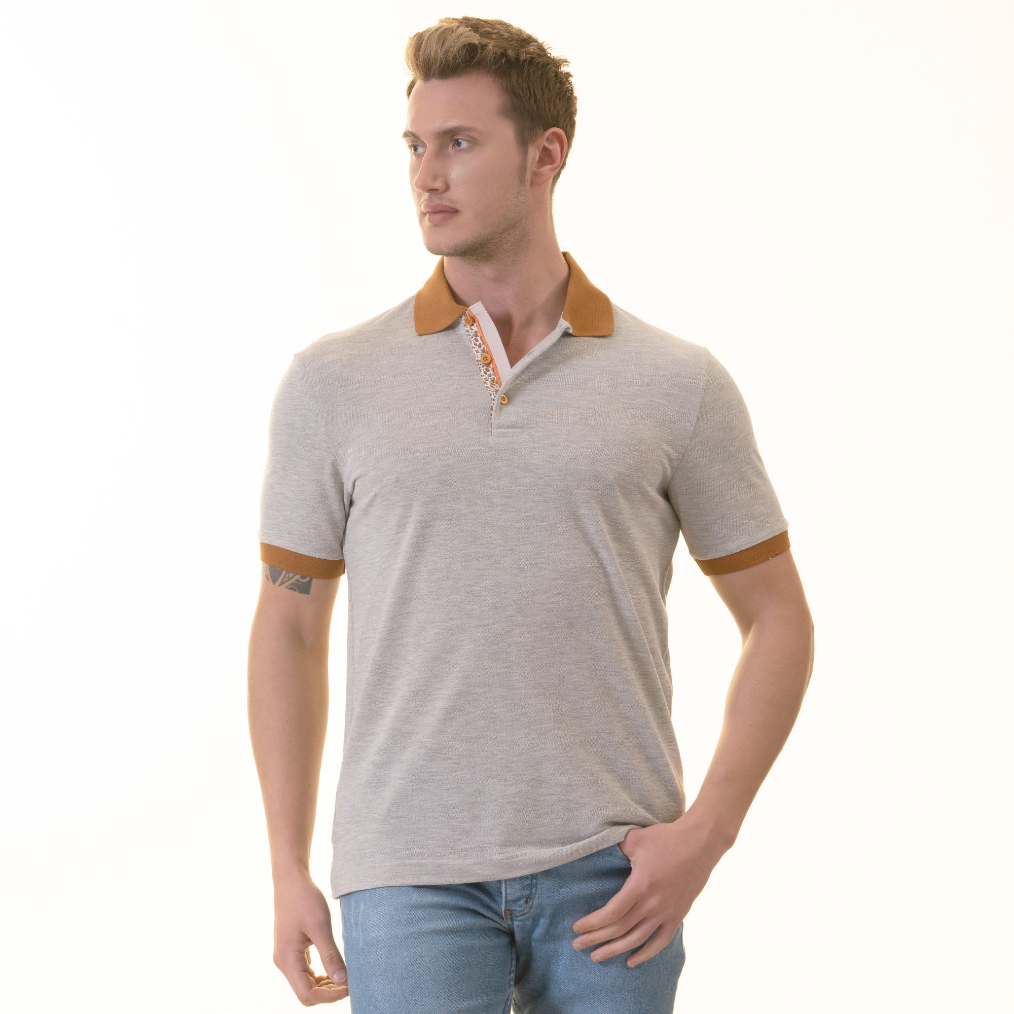 CEMP0361 Gray with Mustard Polo Neck Shirt Mens Slim Fit Polo Shirts - 100% Soft Cotton - Tailored Comfortable Fit - Image 1