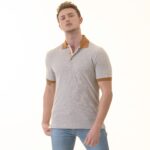 Gray with Mustard Polo Neck Shirt Mens Slim Fit Polo Shirts - 100% Soft Cotton - Tailored Comfortable Fit - Image 2