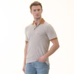 Gray with Mustard Polo Neck Shirt Mens Slim Fit Polo Shirts - 100% Soft Cotton - Tailored Comfortable Fit - Image 3