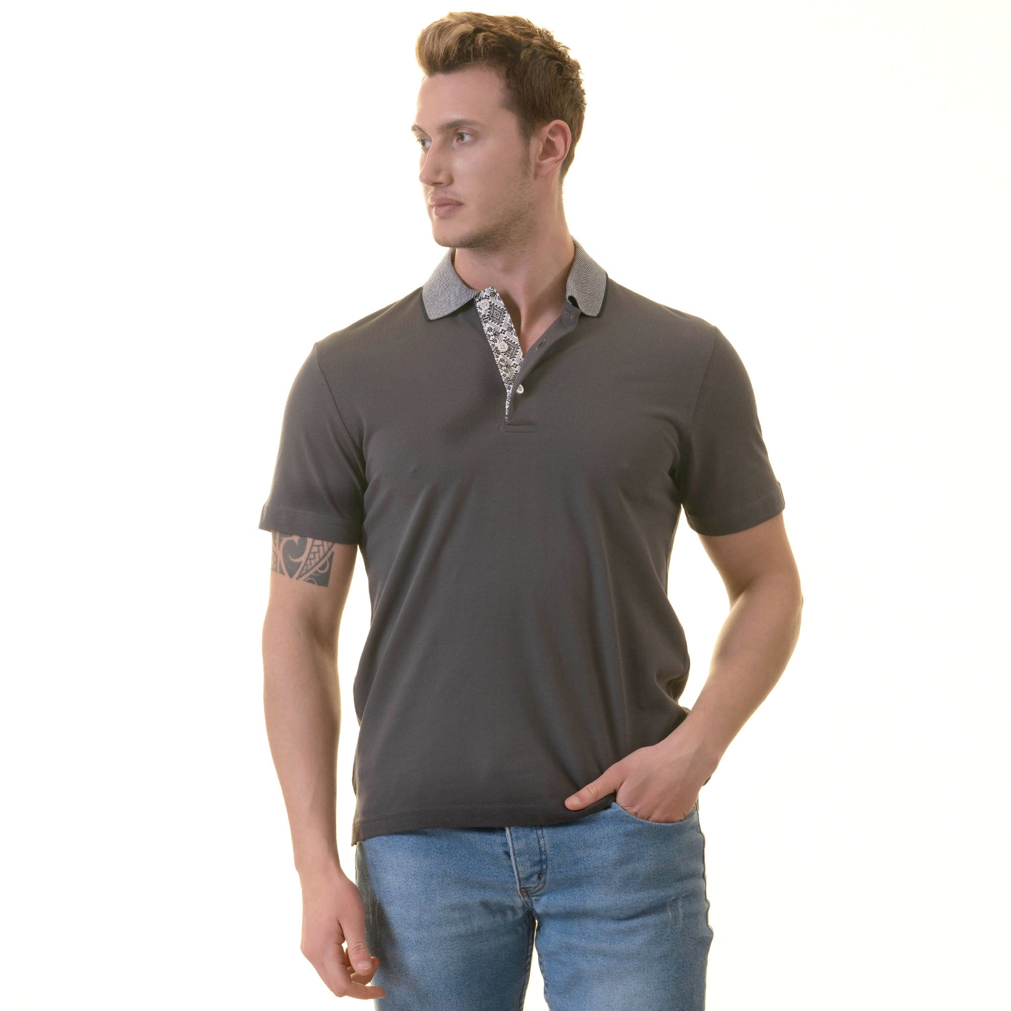 CEMP0373 Gray inside Navy Printed Mens Slim Fit Polo Shirts - 100% Soft Cotton - Tailored Comfortable Fit - Image 1