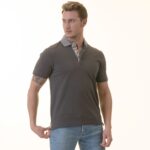 Gray inside Navy Printed Mens Slim Fit Polo Shirts - 100% Soft Cotton - Tailored Comfortable Fit - Image 2