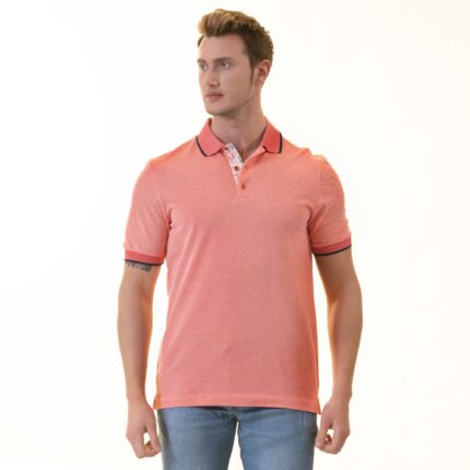 Salmon inside Floral Polo Shirt Mens Slim Fit Polo Shirts - 100% Soft Cotton - Tailored Comfortable Fit - Celino Corp.