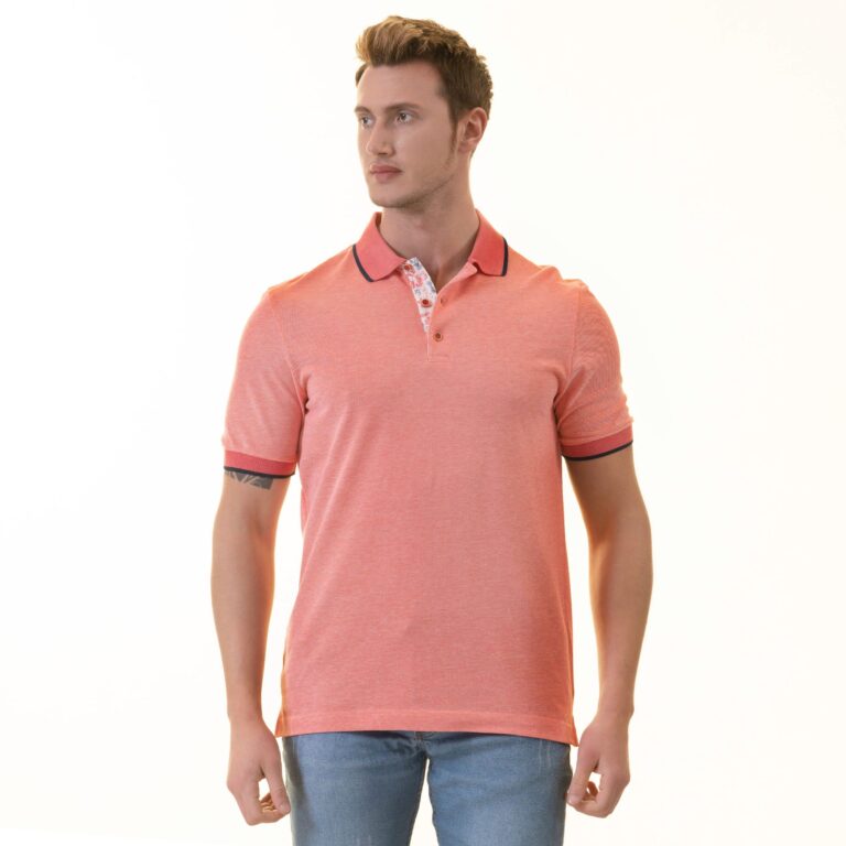 Salmon inside Floral Polo Shirt Mens Slim Fit Polo Shirts - 100% Soft Cotton - Tailored Comfortable Fit - Celino Corp.