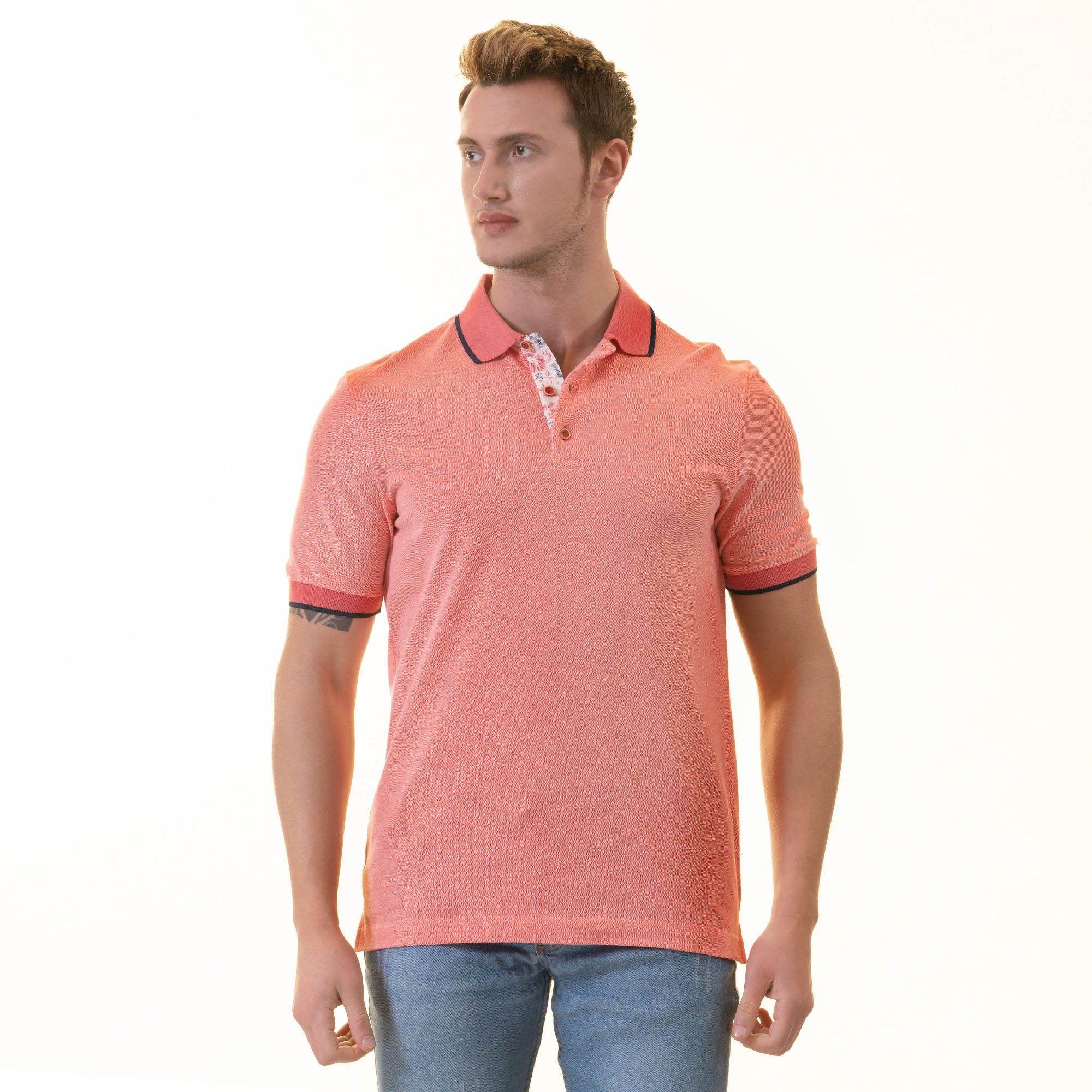 CEMP0374 Salmon inside Floral Polo Shirt Mens Slim Fit Polo Shirts - 100% Soft Cotton - Tailored Comfortable Fit - Celino Corp.