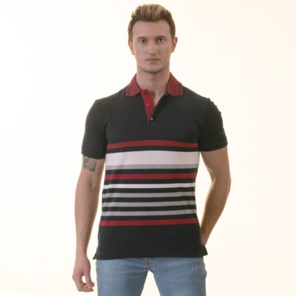 Navy Red Striped Special Cut Polo Shirt Mens Slim Fit Polo Shirts - 100% Soft Cotton - Tailored Comfortable Fit