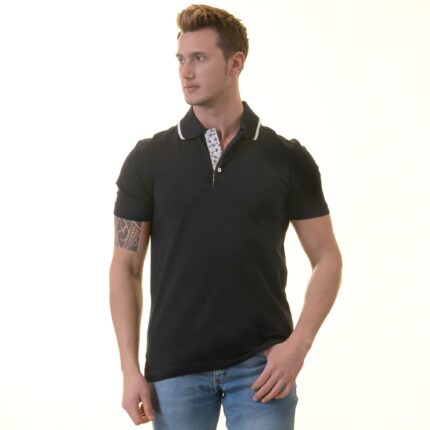 Navy inside Floral Mens Slim Fit Polo Shirts - 100% Soft Cotton - Tailored Comfortable Fit