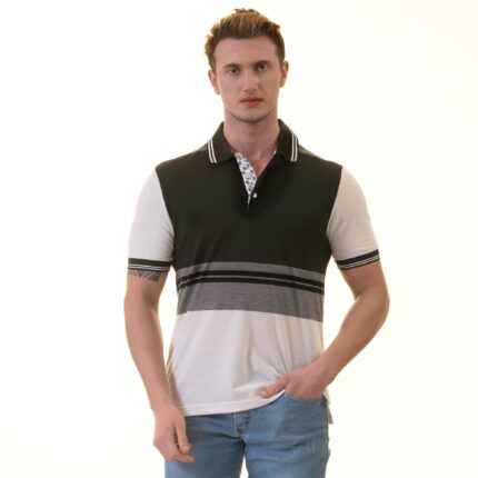 Black Gray Striped Special Cut Mens Slim Fit Polo Shirts - 100% Soft Cotton - Tailored Comfortable Fit - Celino Corp.