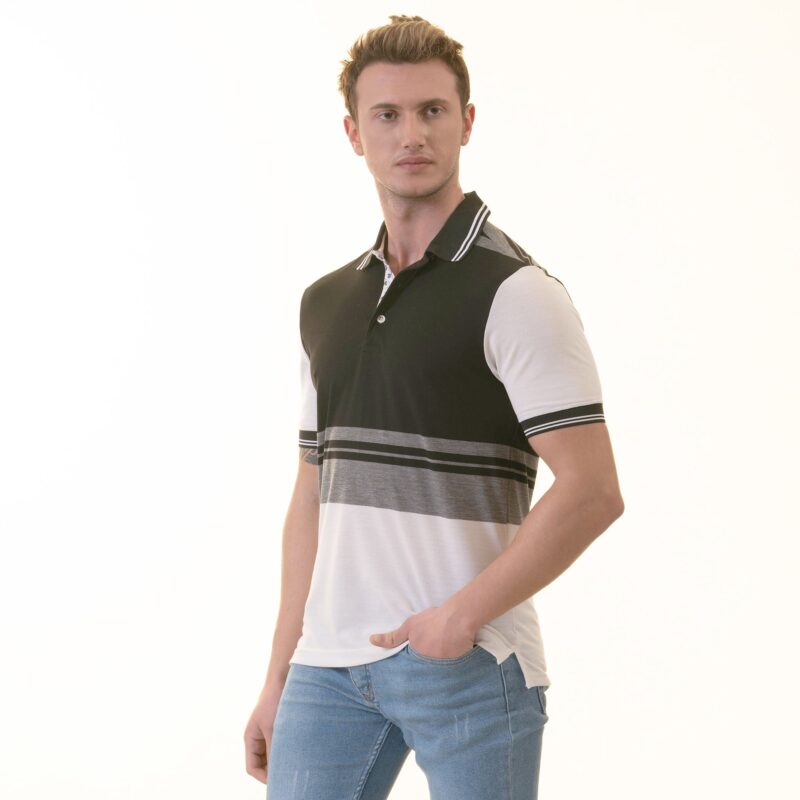Black Gray Striped Special Cut Mens Slim Fit Polo Shirts - 100% Soft Cotton - Tailored Comfortable Fit - Celino Corp.