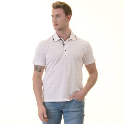 White Striped inside Floral Mens Slim Fit Polo Shirts - 100% Soft Cotton - Tailored Comfortable Fit