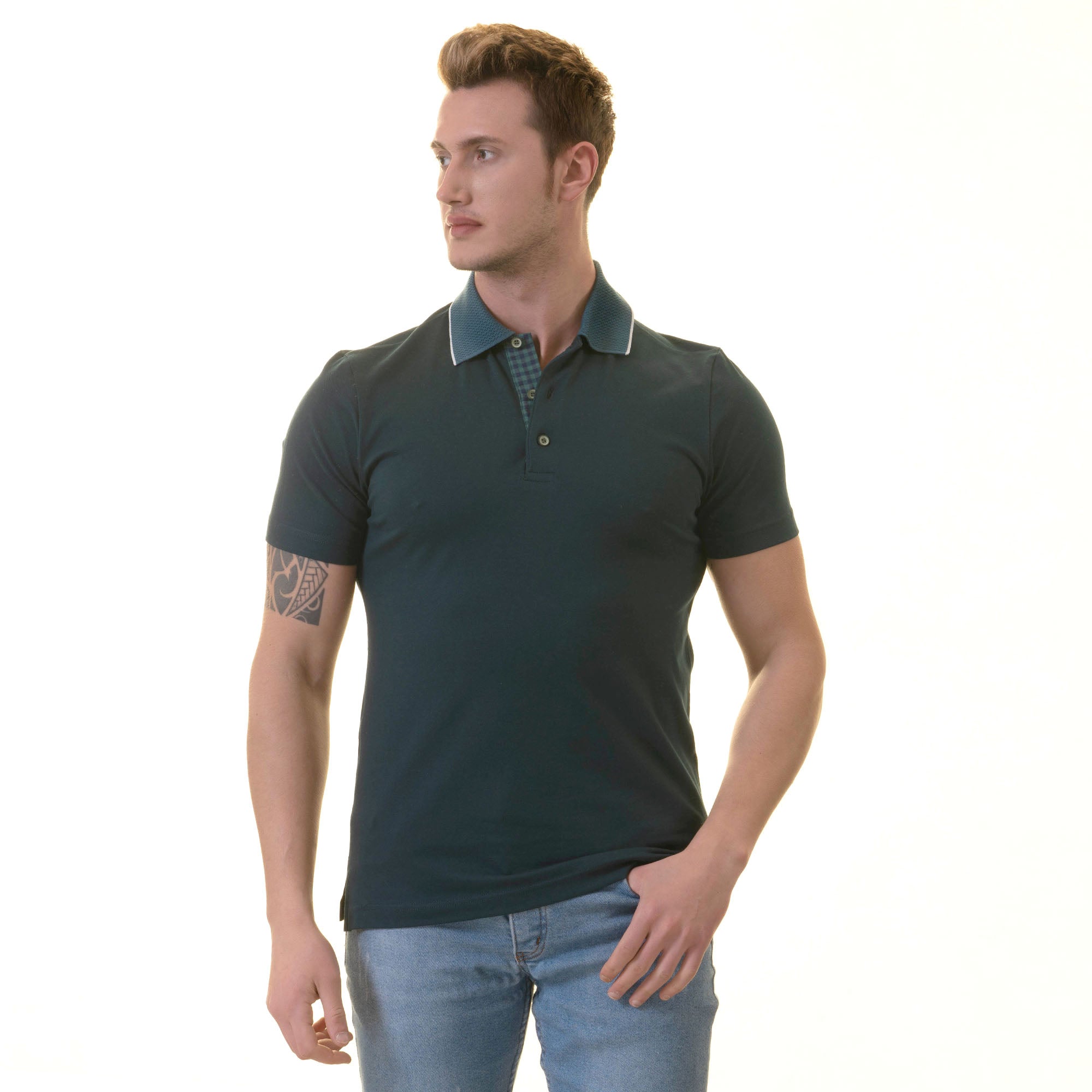 CEMP0385 Green inside Checkered Mens Slim Fit Polo Shirts - 100% Soft Cotton - Tailored Comfortable Fit - Celino Corp.