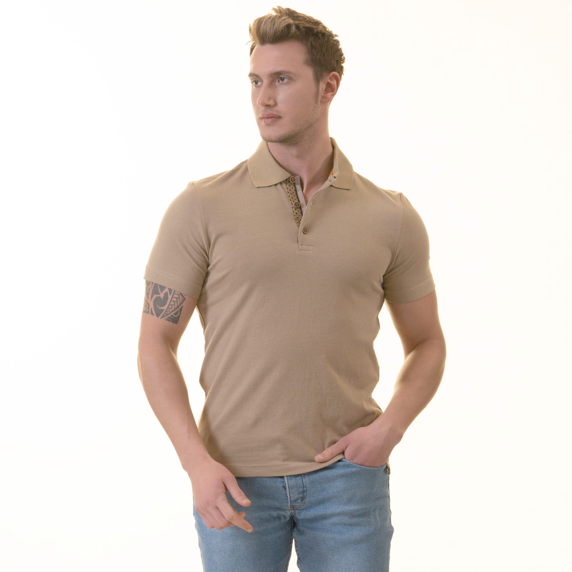 CEMP0387_2 Beige inside Honeycomb Mens Slim Fit Polo Shirts - 100% Soft Cotton - Tailored Comfortable Fit - Image 1